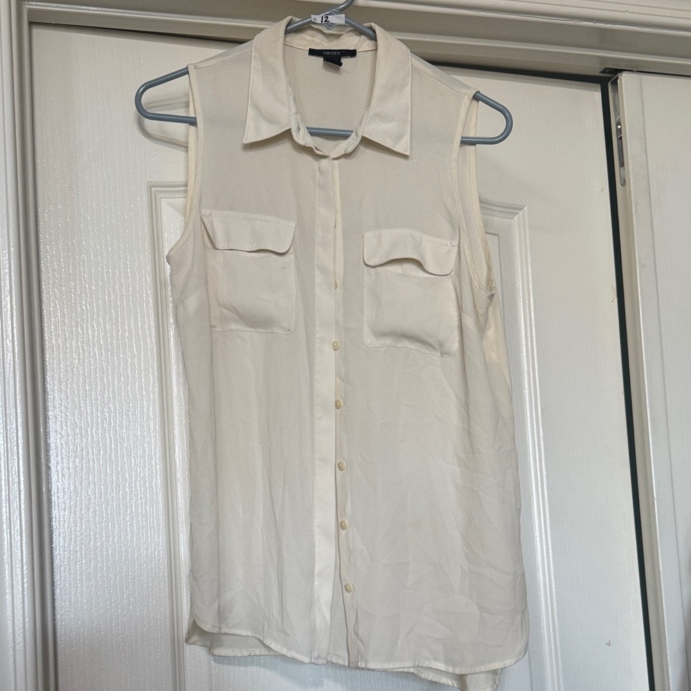 Sleeveless Cream Button-Up Blouse